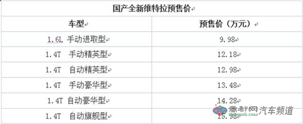 国产新维特拉将11月30日上市 预售9.98万起